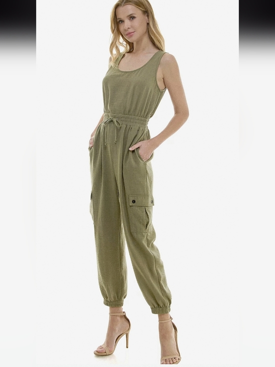 As U Wish Pants - As U Wish Juniors' Olive Green Drawstring Waist Cargo Jumpsuit - Size Large